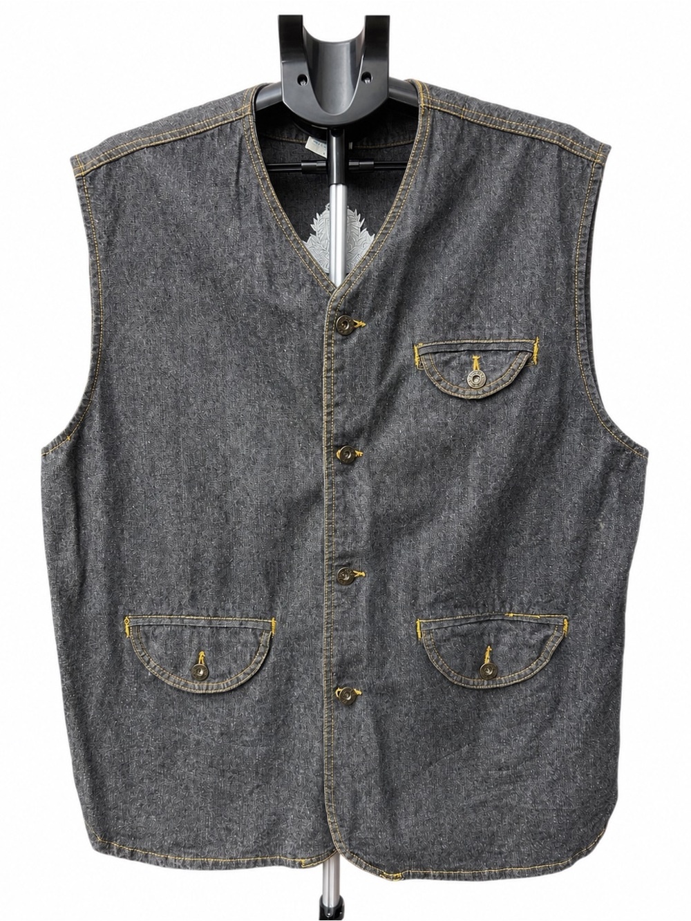 Duck Head Men's Gray Denim Utility Vest with Yellow Contrast Stitching